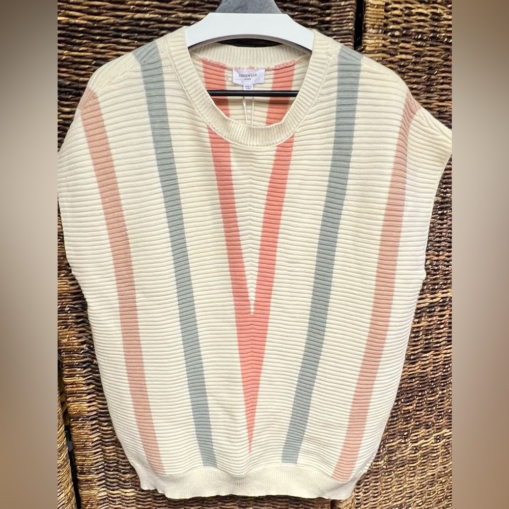 Anniewear- Cindy Chevron, Cream,‎ Pink, and Gray Striped Sweater, NWT- XLarge